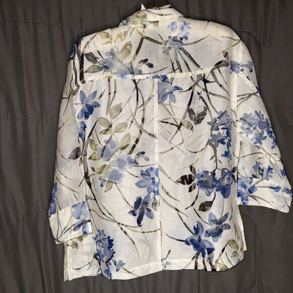Notations Blouse Size MEDIUM Button Up Floral Linen Blend 3/4  Sleeve Sheer - Picture 4 of 11